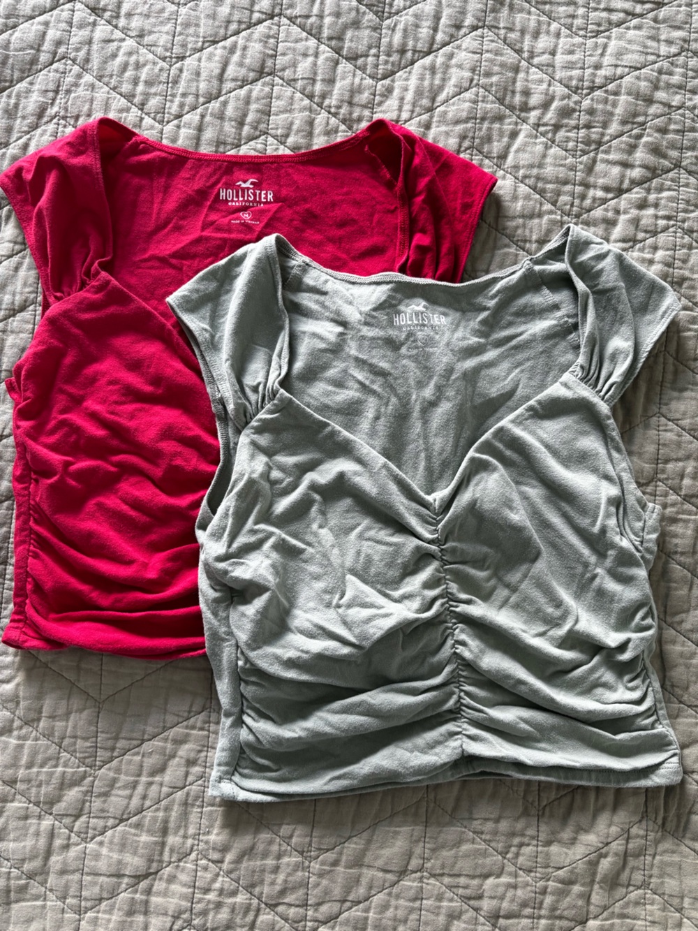 Hollister Sage Green and Red Ruched cropped tank top